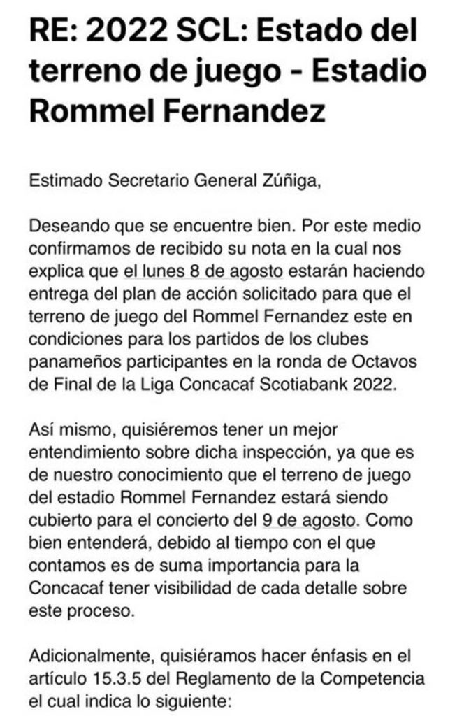 Carta de Concacaf a la Federación de Panamá.