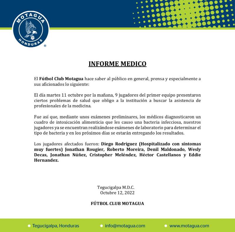 Informe médico presentado por Motagua.