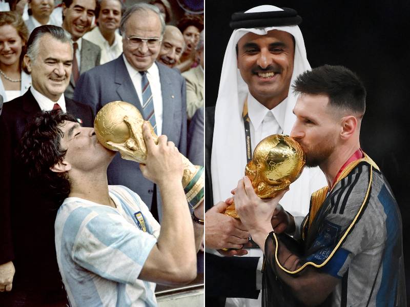 Maradona y Messi besan la Copa del Mundo.