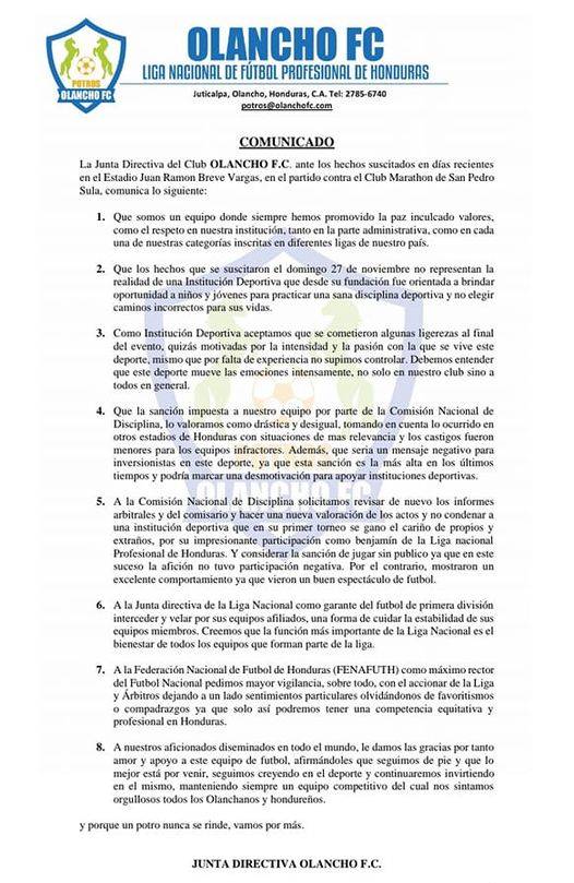 Comunicado emitido por la directiva de Potros de Olancho FC.