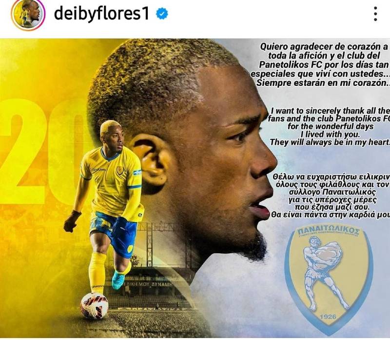 Con estas palabras se despidió Deiby Flores del equipo Panetolikos de la Súper Liga de Grecia,