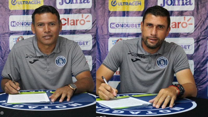 Milton Reyes y Junior Izaguirre firman el respectivo contrato como miembros del cuerpo técnico del Motagua.