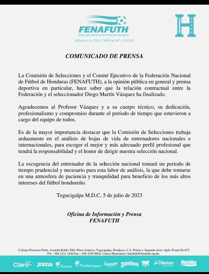 Así anunció la Fenafuth la salida de Diego Vázquez del representativo nacional.