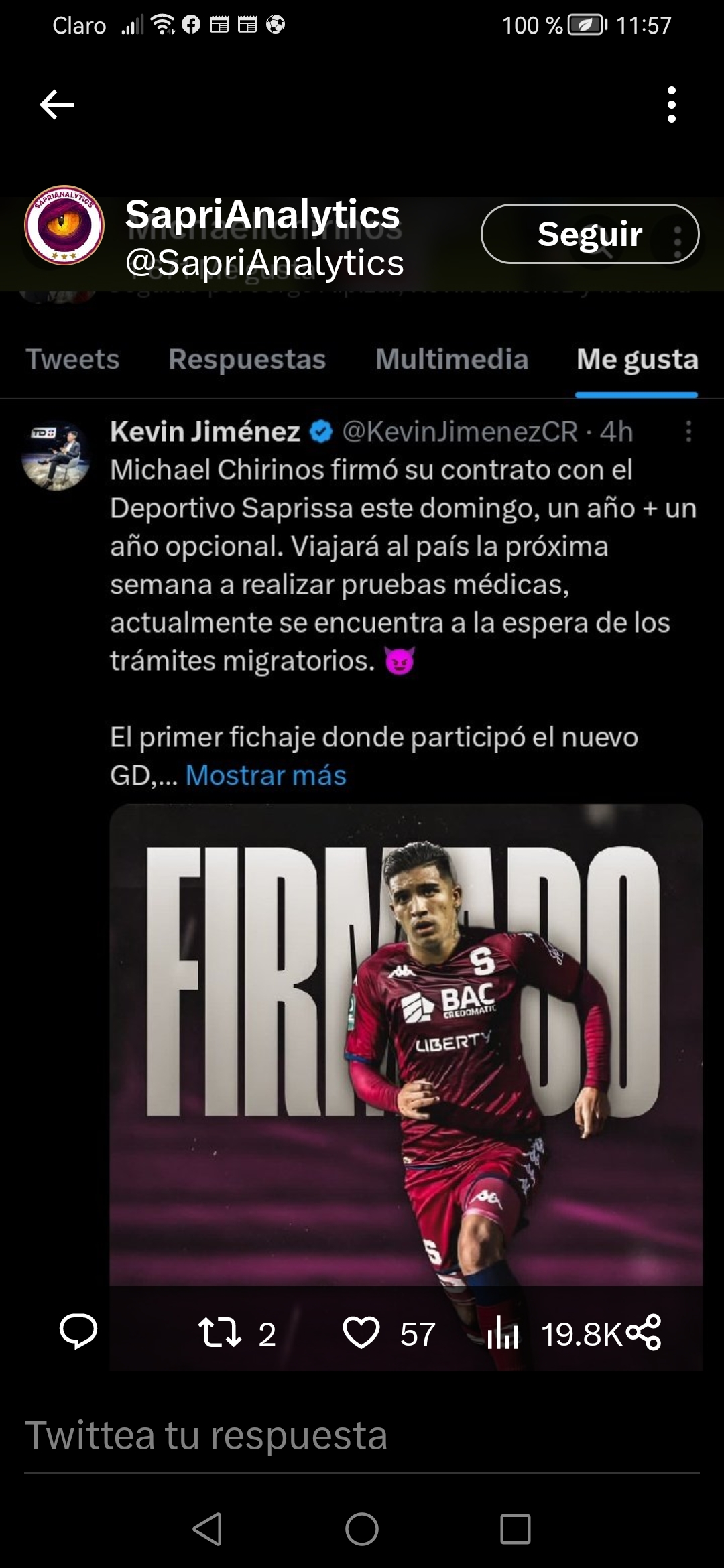 Así informa el periodista costarricense Kevin Jiménez sobre la llegada de Michaell Chirinos al Saprissa.