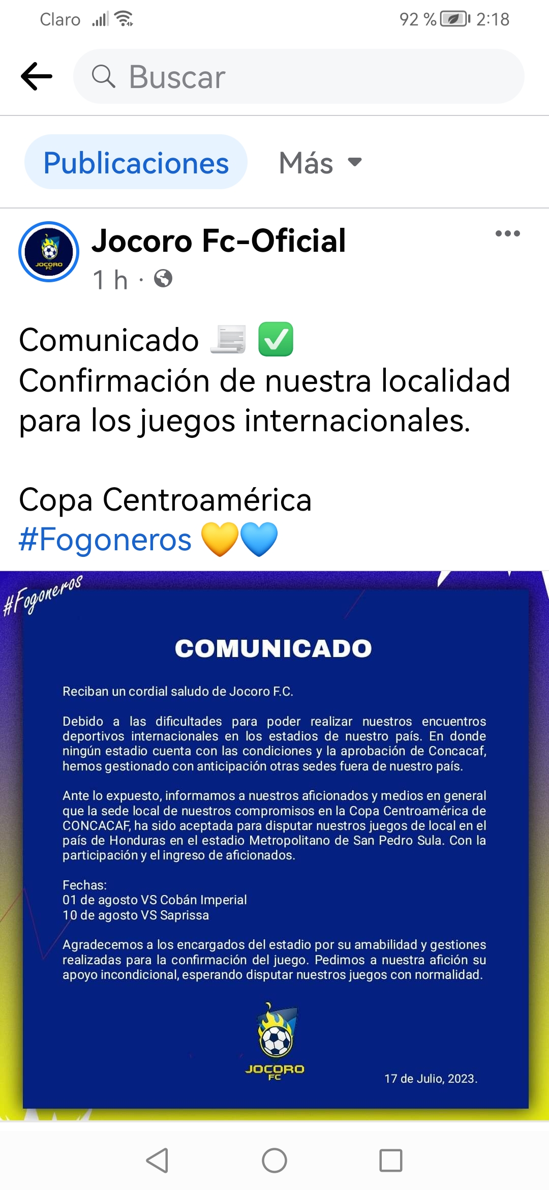 Este es el comunicado emitido por el equipo Jocoro FC de El Salvador.