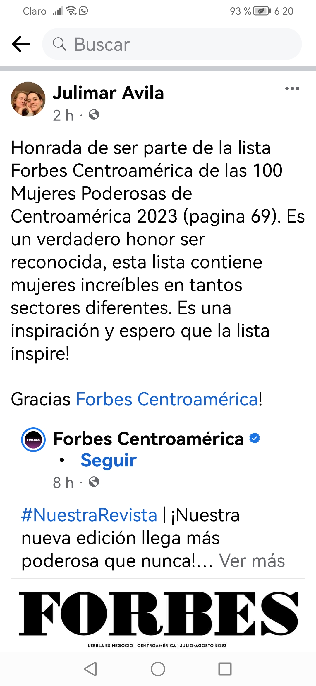 Julimar Ávila agradece el reconocimiento que le brinda la revista Forbes Centroamérica.