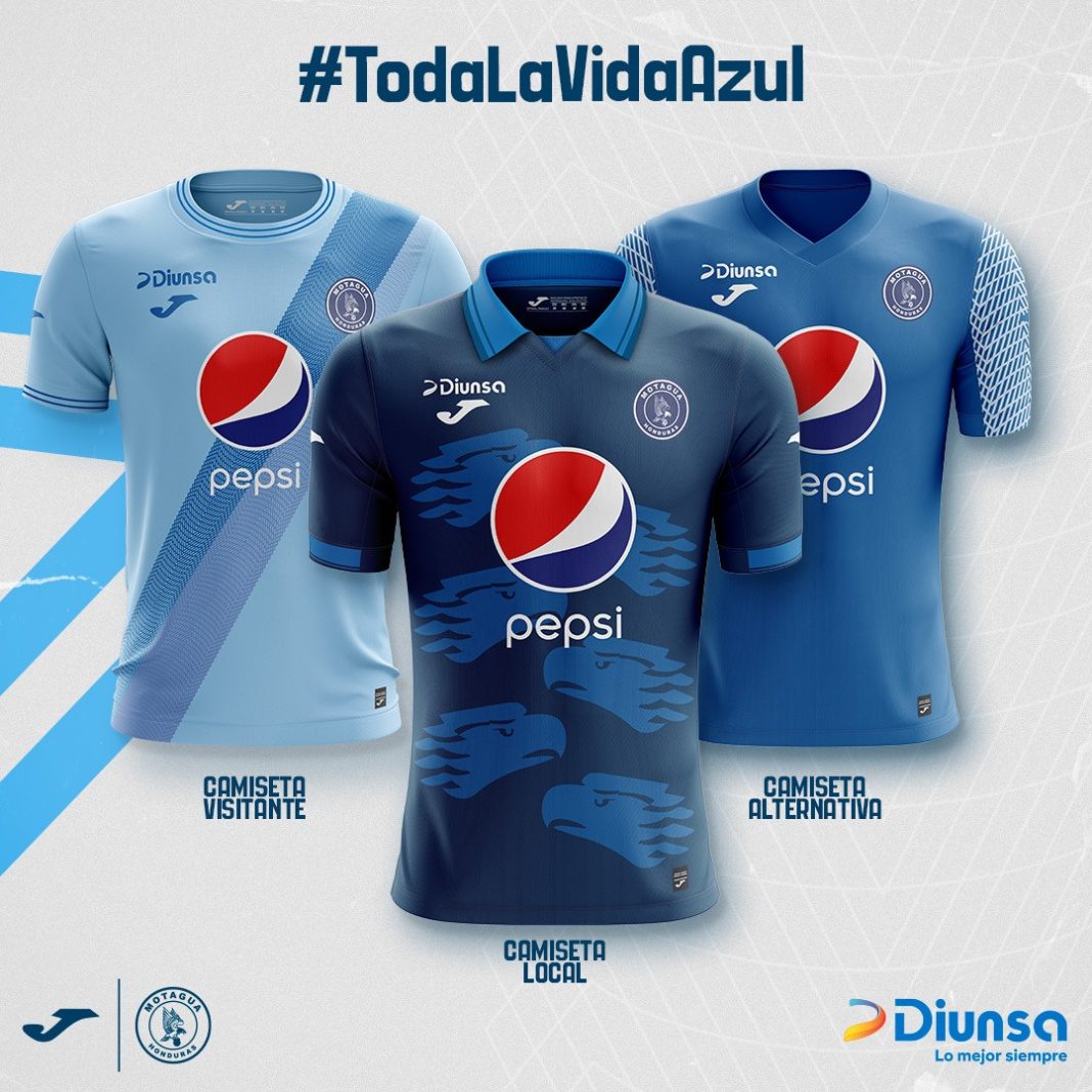 Diunsa, Joma y Motagua presentan las nuevas camisetas para la temporada 2023-2024 del fútbol hondureño.