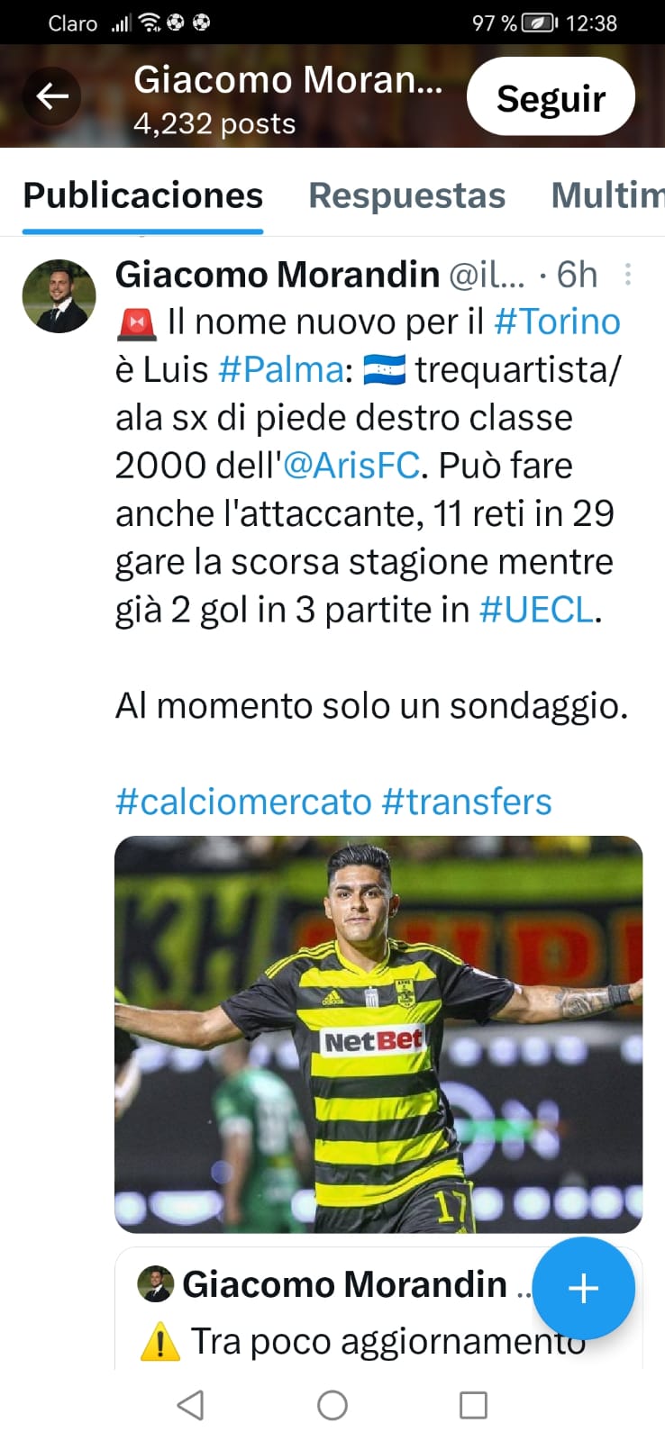 El periodista italiano, Giacomo Moradin, escribió en sus redes el interés que ha despertado el "Bicho" hondureño en el equipo de Turín.