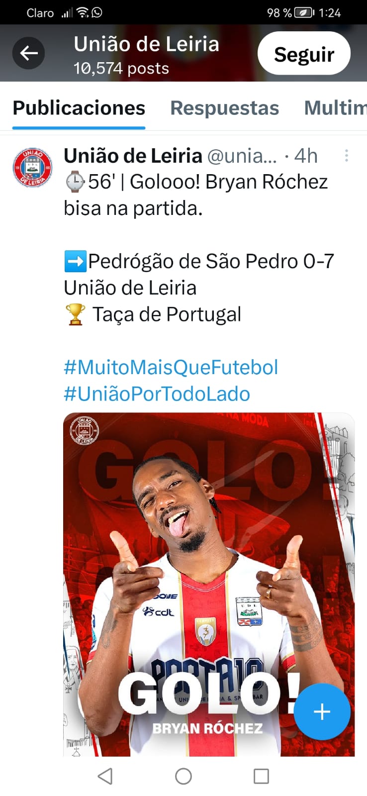 Así destacan en la página oficial del UD de Leiria los goles del delantero catracho Bryan Róchez.