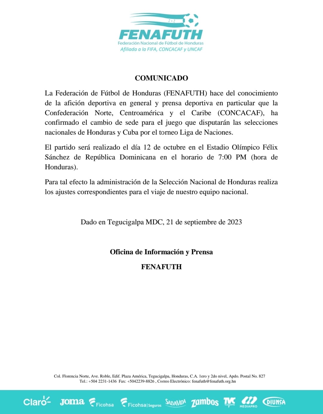 La Fenafuth confirma el cambio de estadio para el partido del 12 de octubre entre Cuba y Honduras por la Nations League