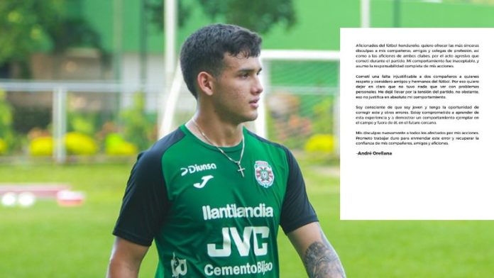 El defensa del Marathón, André Orellana, se disculpó públicamente con sus compañeros de Olimpia German Mejía y Carlos Pineda, así como con la afición.