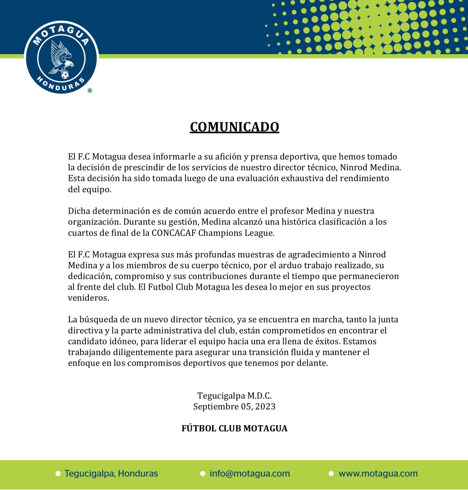 Este es el comunicado emitido por Motagua para anunciar la salida de Ninrod Medina.