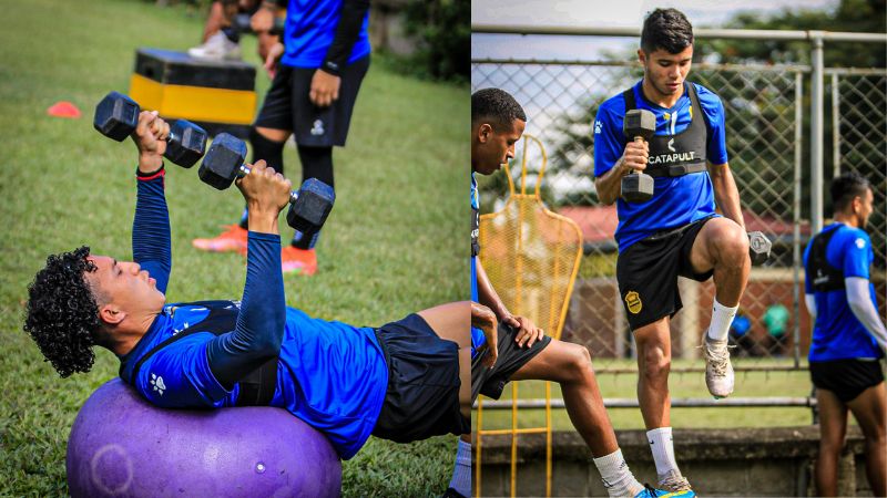 Los jóvenes Carlos Mejía y Roberto Osorto trabajan en la fortaleza para llegar al cien al partido contra Olimpia.