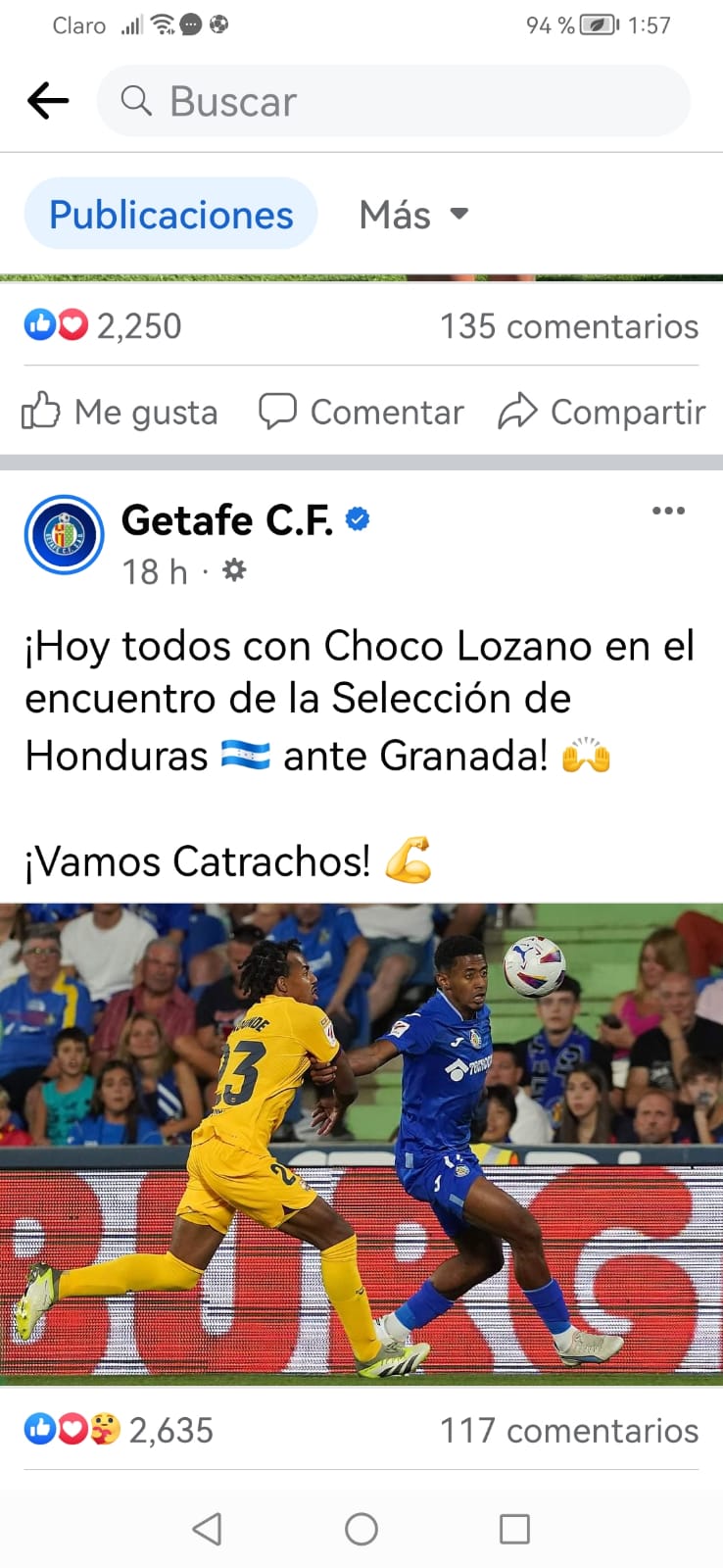 El día del partido contra Granada, el Getafe publicó un párrafo y una gráfica del "Choco" Lozano en su apoyo y para la Selección Nacional de Honduras.