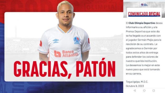 El equipo Olimpia oficializó la salida del volante de contención German "Patón" Mejía.