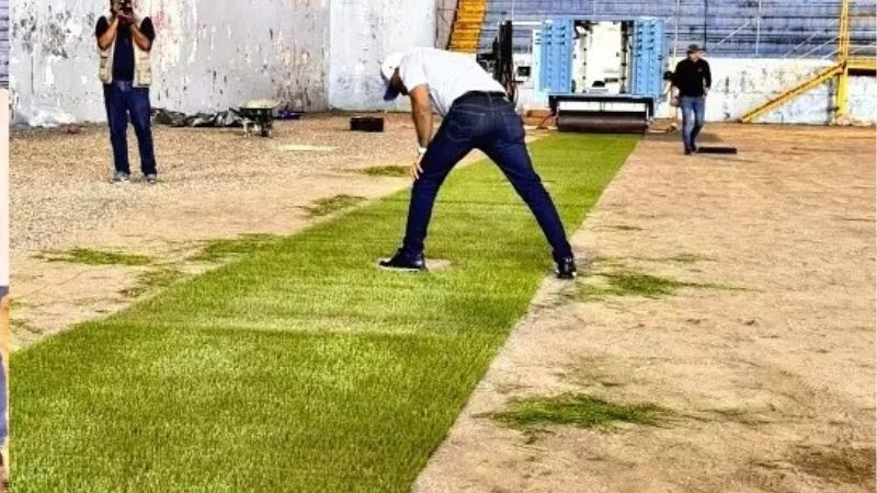Mario Moncada supervisa la instalación de la grama híbrida en el estadio Morazán.