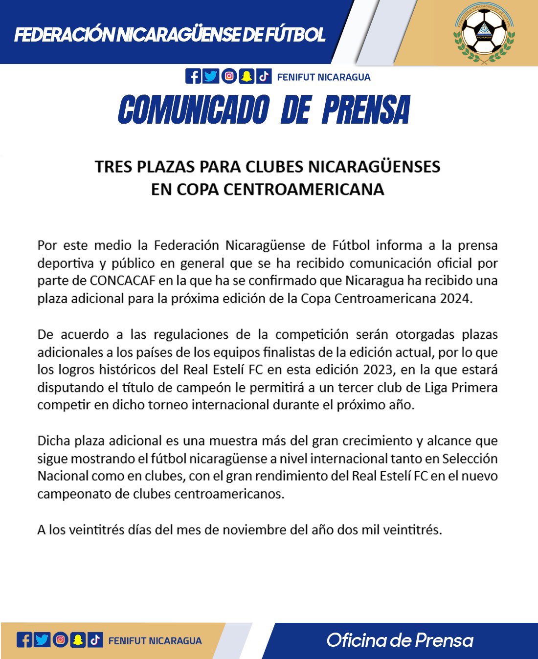Esta es la notificación que la Concacaf le hizo llegar a la Federación de Fútbol de Nicaragua.