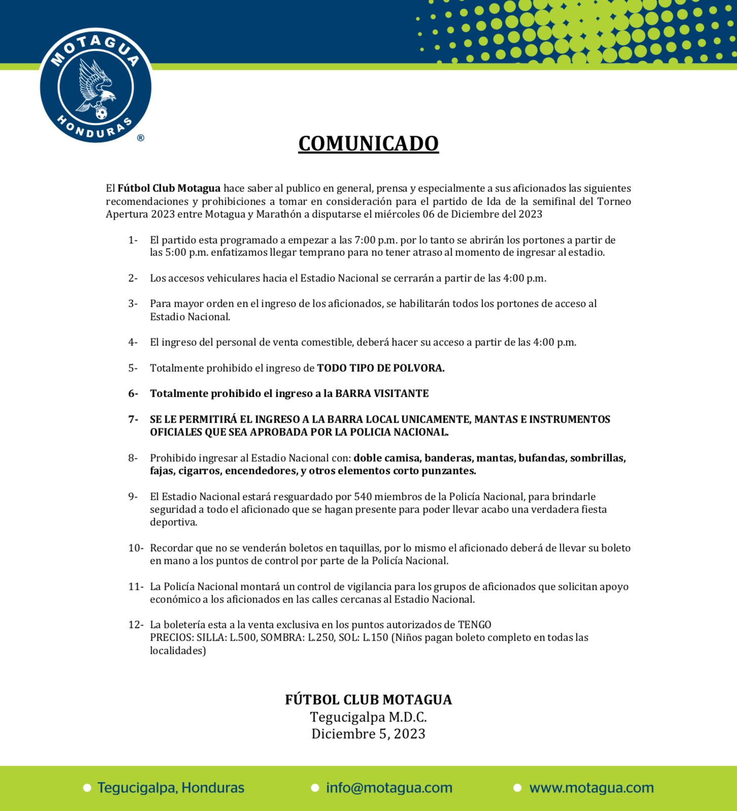 Estas son las restricciones aprobadas para el partido de ida entre Motagua y Marathón.