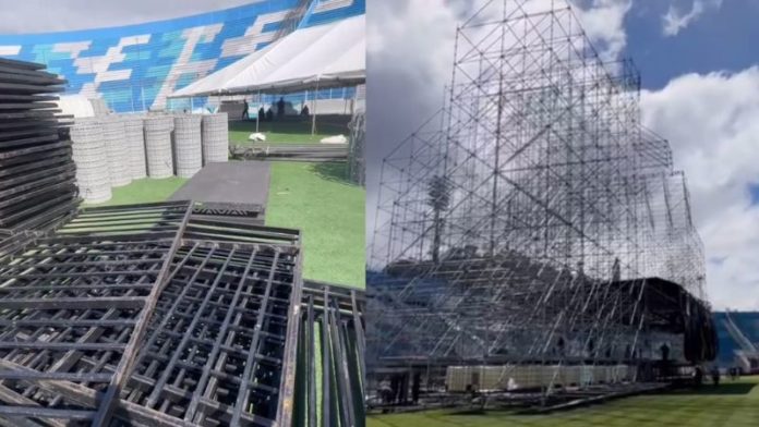 Estas estructuras metálicas pondrán en riesgo el césped del estadio Nacional "Chelato Uclés".