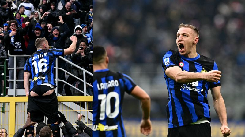 El centrocampista italiano del Inter de Milán Davide Frattesi celebra tras marcar el segundo gol de su equipo.