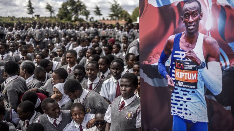 Los alumnos reaccionan cuando el ataúd del difunto corredor de maratón Kelvin Kiptum llega a los terrenos de la escuela donde solía estudiar.