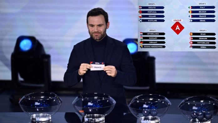 El jugador español Juan Mata muestra el papelito de Francia durante el sorteo de la fase liguera de la Liga de Naciones de la UEFA 2024/25.