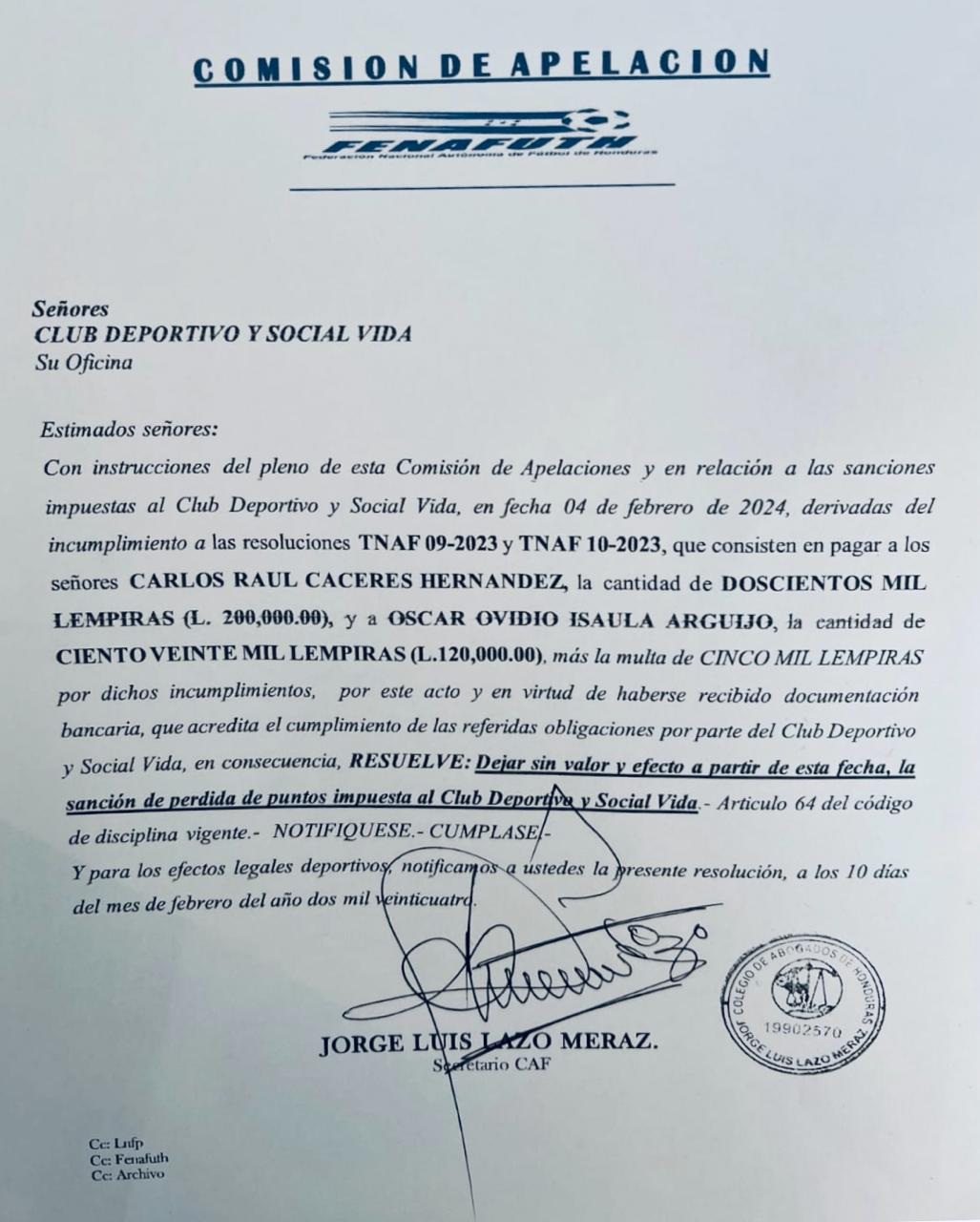 La Comisión de Apelaciones de la Fenafuth garantiza que Vida no perderá los puntos ganados frente a Victoria.