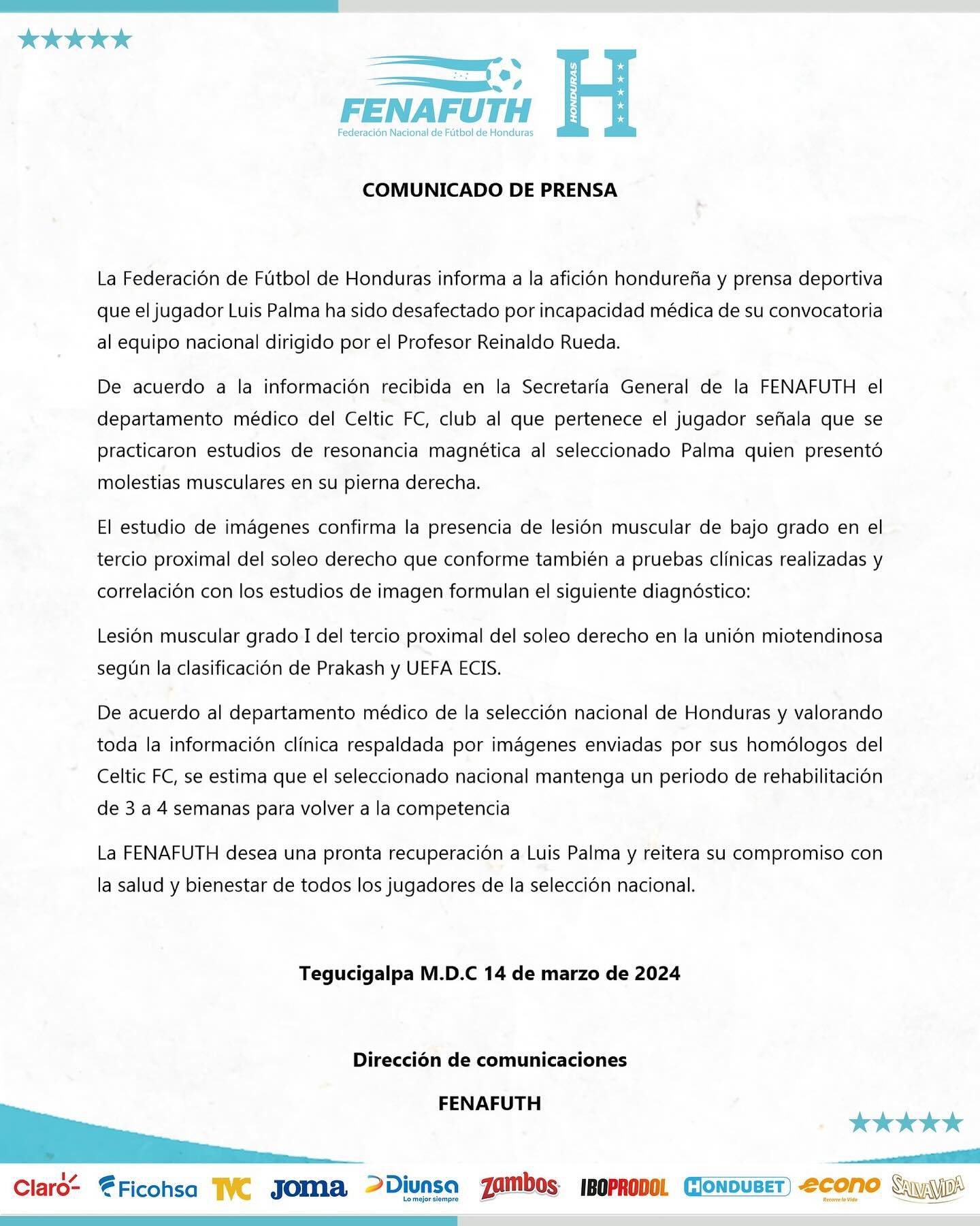 Este es el comunicado emitido por la Federación de Fútbol (Fenafuth) en relación al caso Luis Palma.