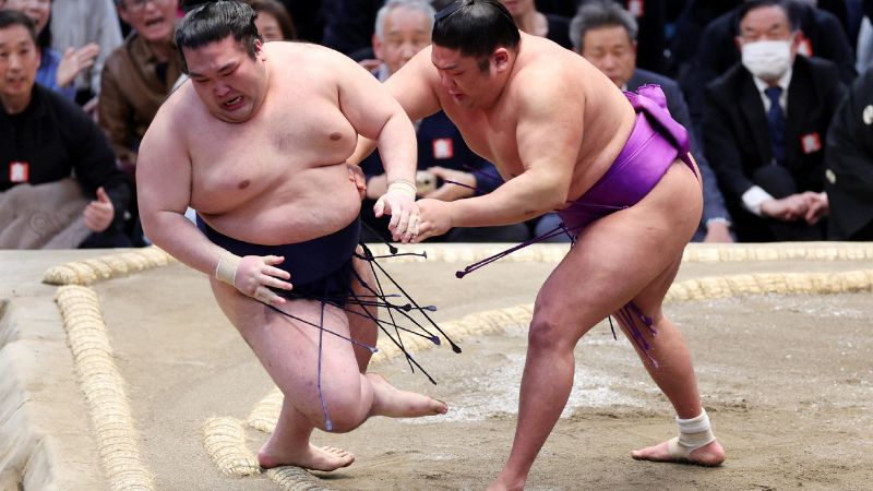 El luchador de sumo número 17 del ranking maegashira, Takerufuji (derecha), derrotó al sexto clasificado Gonoyama (izq.).