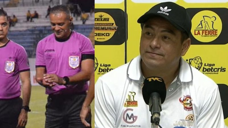El técnico de Génesis Comayagua, Reynaldo Tilguath, pide un careo con el árbitro Melvin Matamoros.