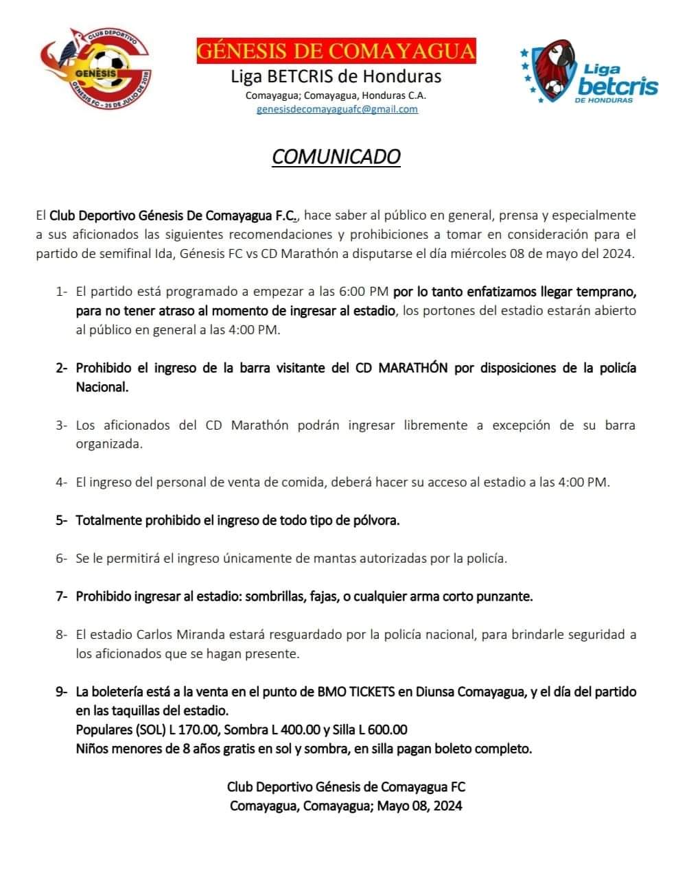 Comunicado emitido por la directiva del equipo Génesis Comayagua.