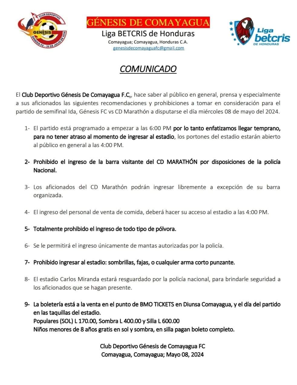 Comunicado emitido por la directiva del equipo Génesis Comayagua.