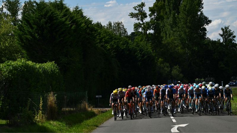 El pelotón de ciclistas pedalea durante la 12ª etapa de la 111ª edición del Tour de Francia, una carrera ciclista de 203,6 km entre Aurillac y Villeneuve-sur-Lot.