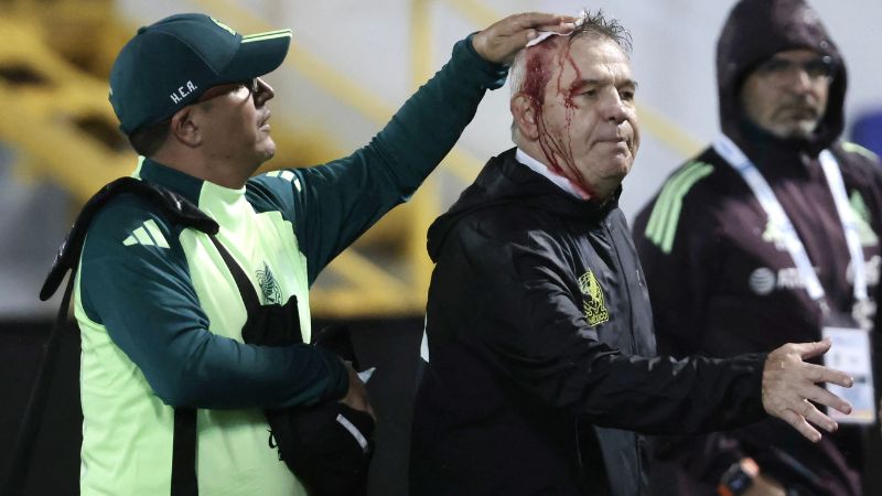 El entrenador de México, Javier Aguirre, es ayudado por un asistente después de haber recibido un golpe en su cabeza.