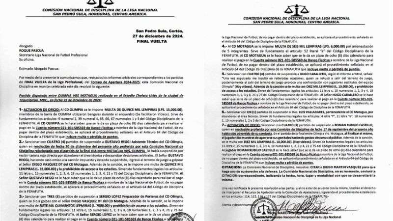 Este es el comunicado de la Comisión de Disciplina donde establece los castigos para los motagüenses.