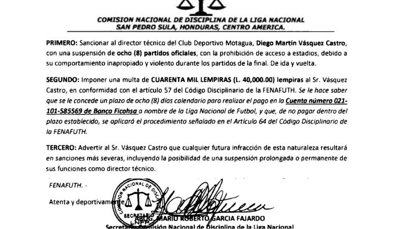 Esta es la resolución de la Comisión de Disciplina sobre el castigo para Diego Vázquez.