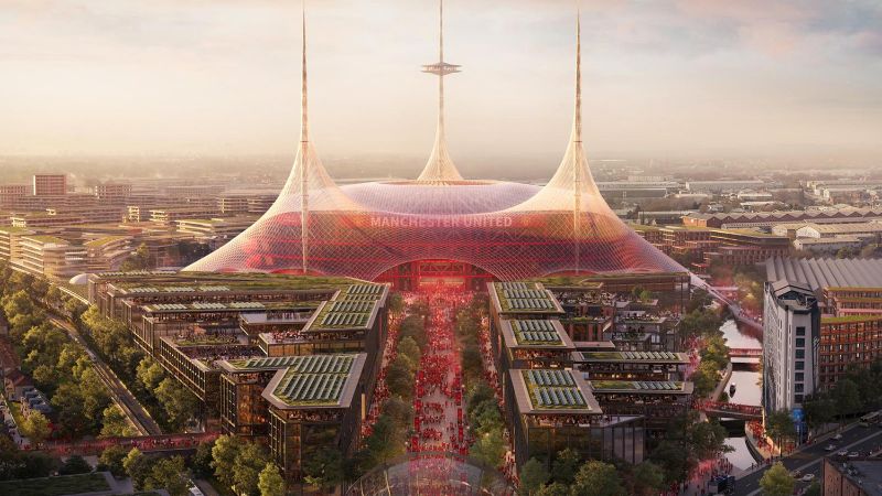 Una imagen proporcionada por el Manchester United el 11 de marzo de 2025 muestra la ilustración de Foster + Partners de un nuevo estadio propuesto con capacidad para 100.000 espectadores, presentado como parte de la regeneración del área de Old Trafford.