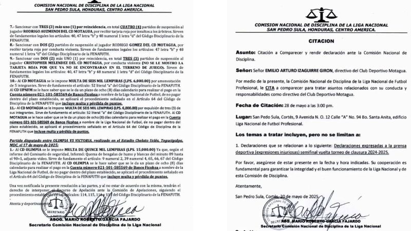 Este es el informe de la Comisión Nacional de Disciplina, donde también se cita al director deportivo de Motagua, Emilio Izaguirre.