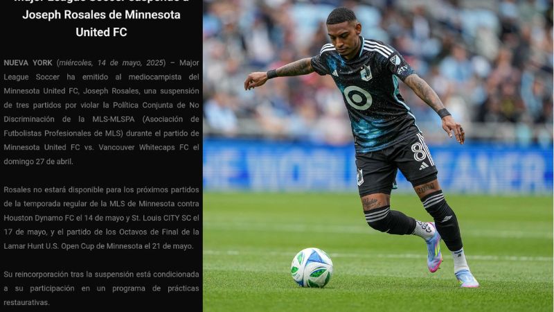 El defensa hondureño del Minnesota United, Joseph Rosales, recibe castigo de tres partidos de suspensión.