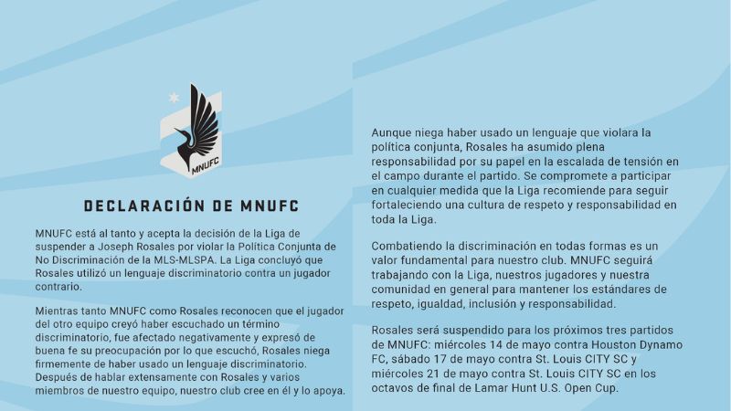 El Minnesota United se pronuncia en relación al castigo de tres partidos de suspensión impuesto al hondureño Joseph Rosales.