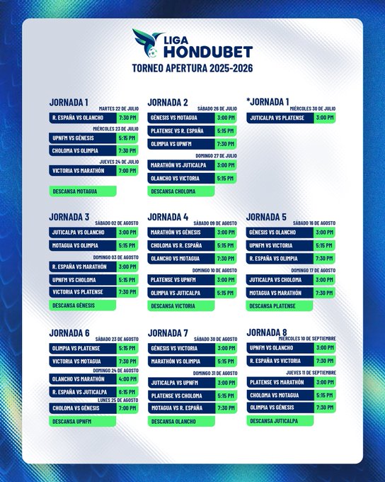 Este es el calendario aprobado por la Liga Nacional para el torneo de Apertura 2025-2026.