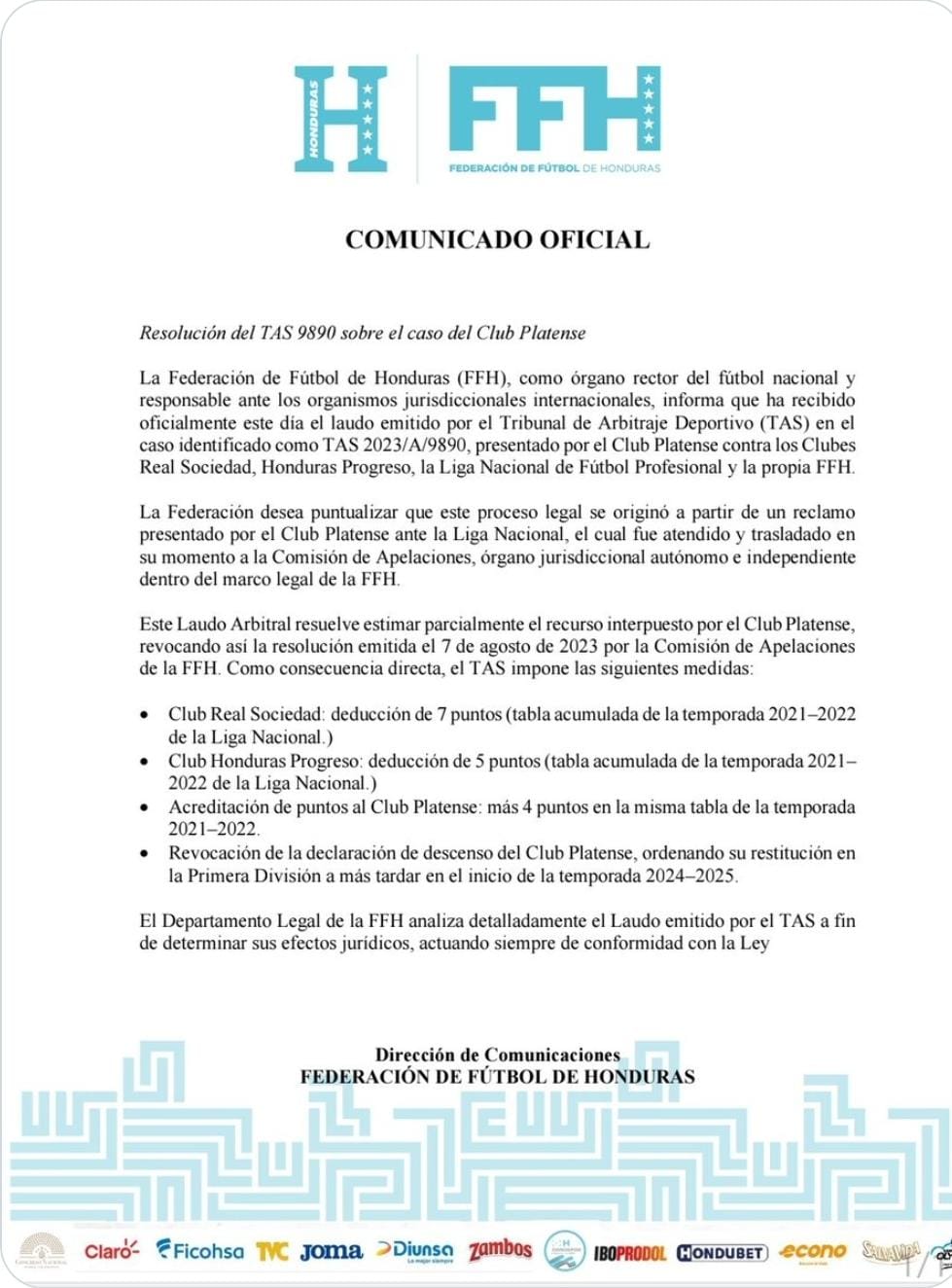 La Federación de Fútbol de Honduras (FFH) informa la resolución del TAS.